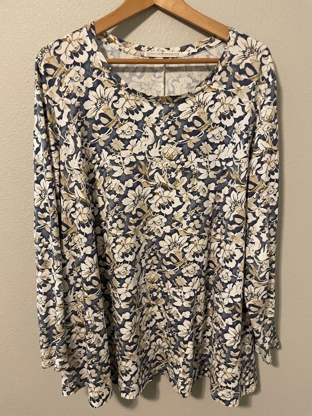 Peruvian Connection Tunic Top Womens M/L Blue Cream Floral Pima Cotton Boho